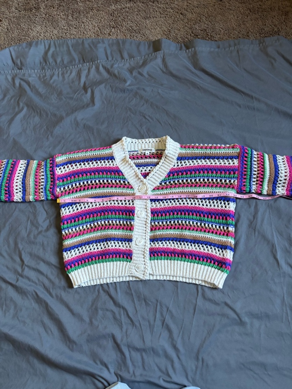 Vigoss Multicolor Striped Open-Knit V-Neck Cardigan - Picture 12 of 15